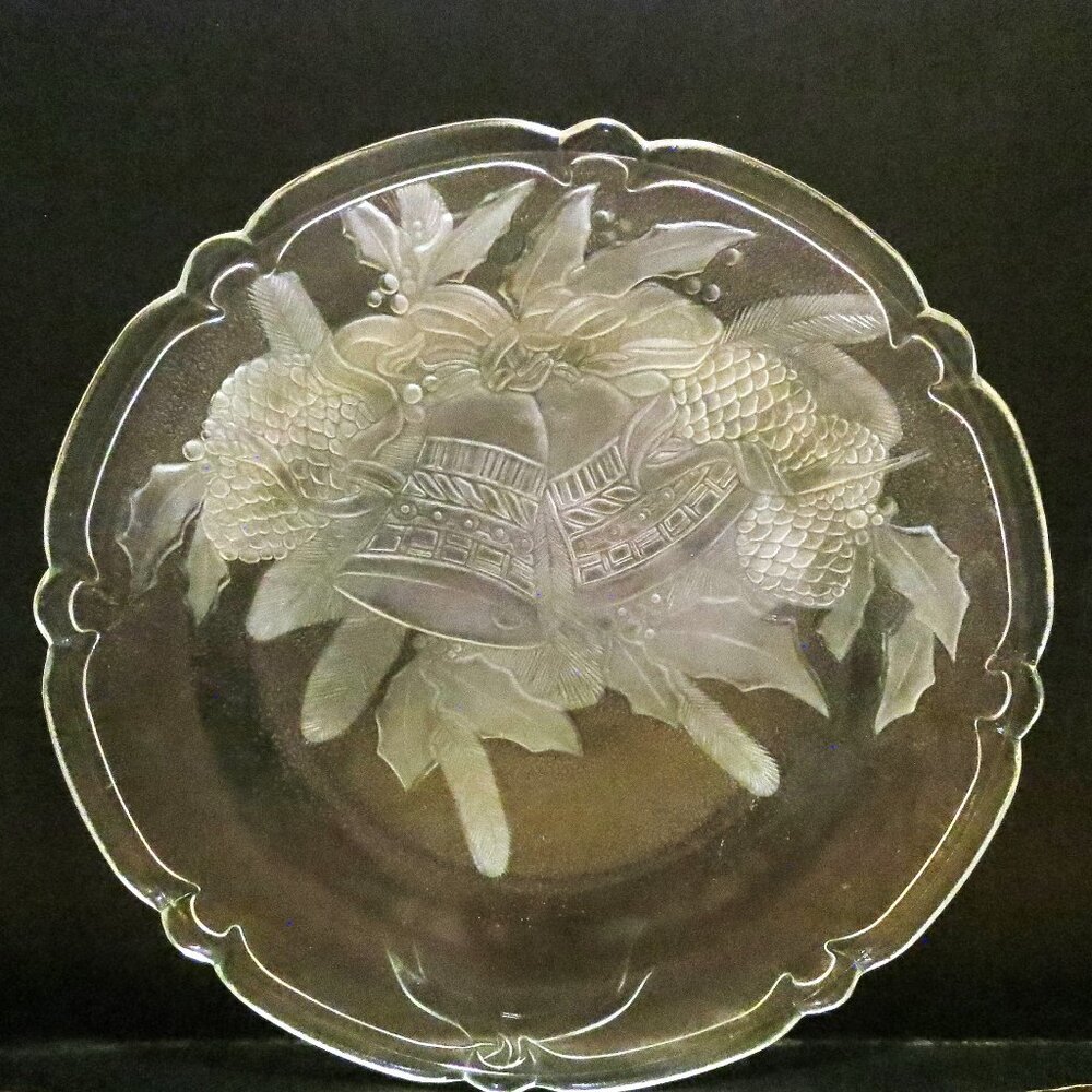Christmas Bell Glass Serving Platter Charger Plate Frosted 13" Round by Ancam